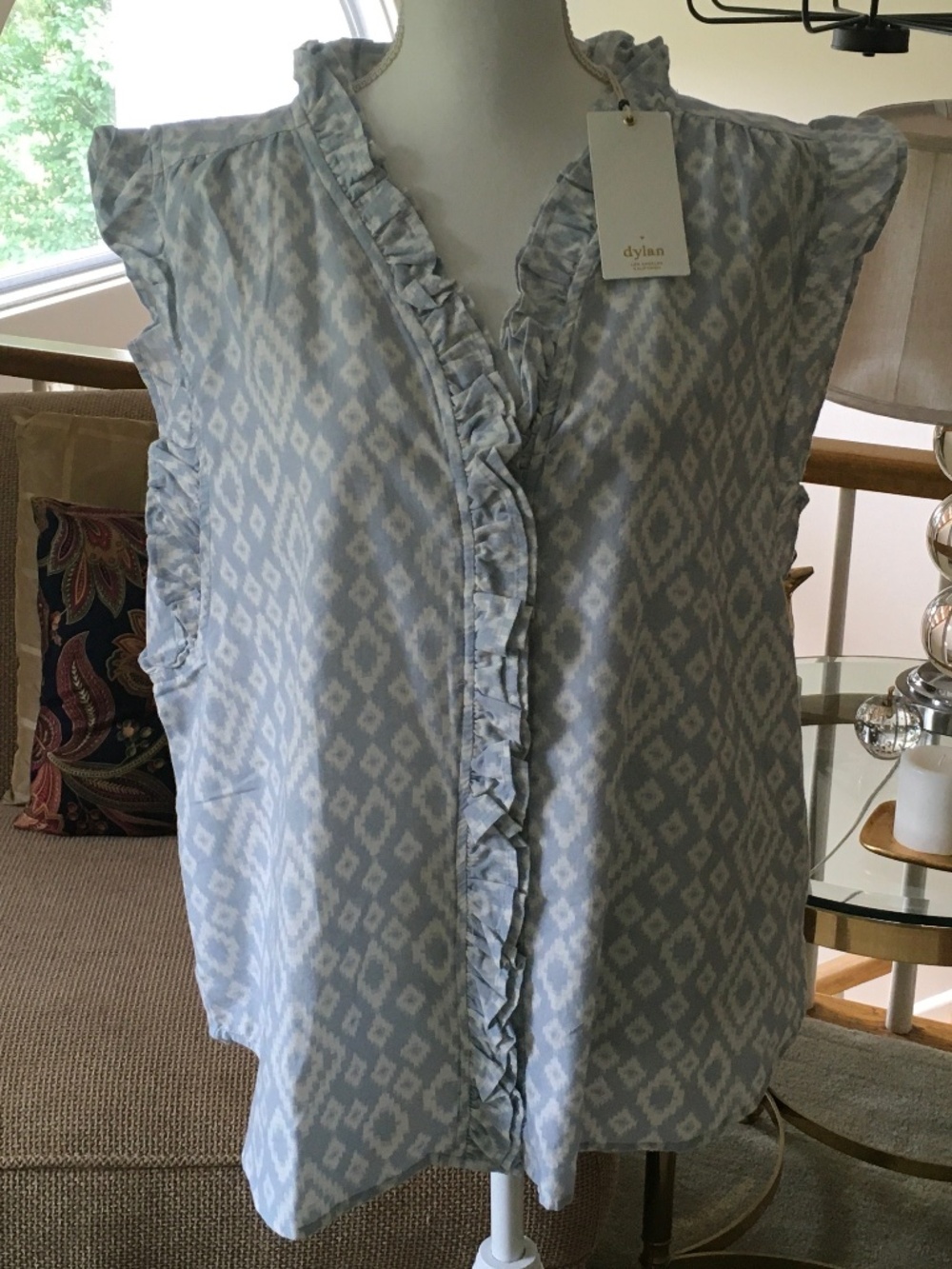 Dylan size XL/XXL sleeveless blue and cream 100% cotton shirt with ruffles